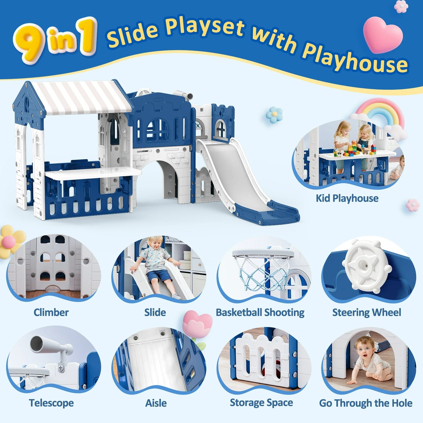 9 in 1 Indoor Infant Toddler Playground Slides Playset for Backyard Home, Blue & Gray