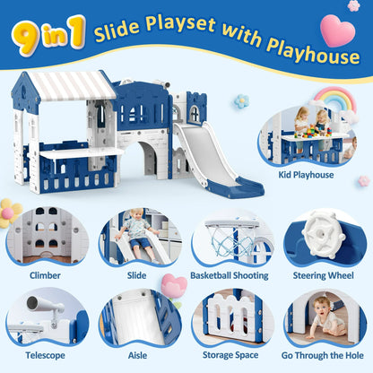 9 in 1 Indoor Infant Toddler Playground Slides Playset for Backyard Home, Blue & Gray