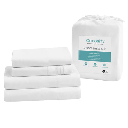 6 Piece Comfort Microfiber Bed Sheets for Queen Size Bedding for Hotel Home Apartment School Bedding White