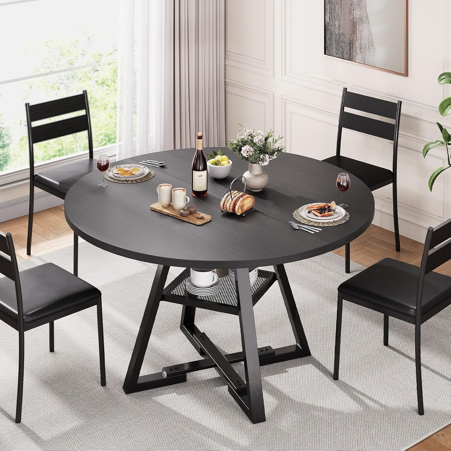 47 inch Wood Kitchen Table for 4, Round Dining Table with Storage Shelf for Home Dining Room Living Room Black