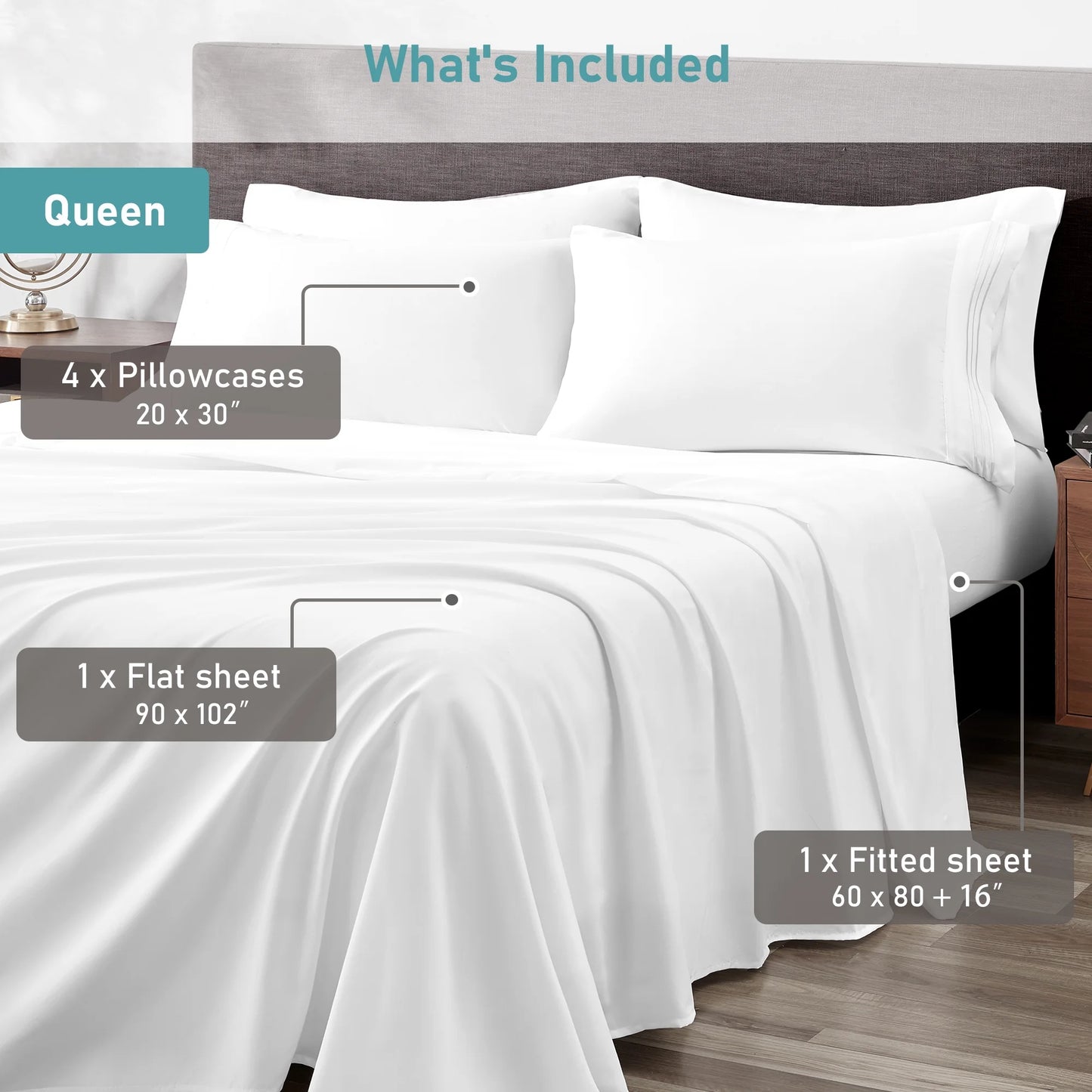 6 Piece Comfort Microfiber Bed Sheets for Queen Size Bedding for Hotel Home Apartment School Bedding White