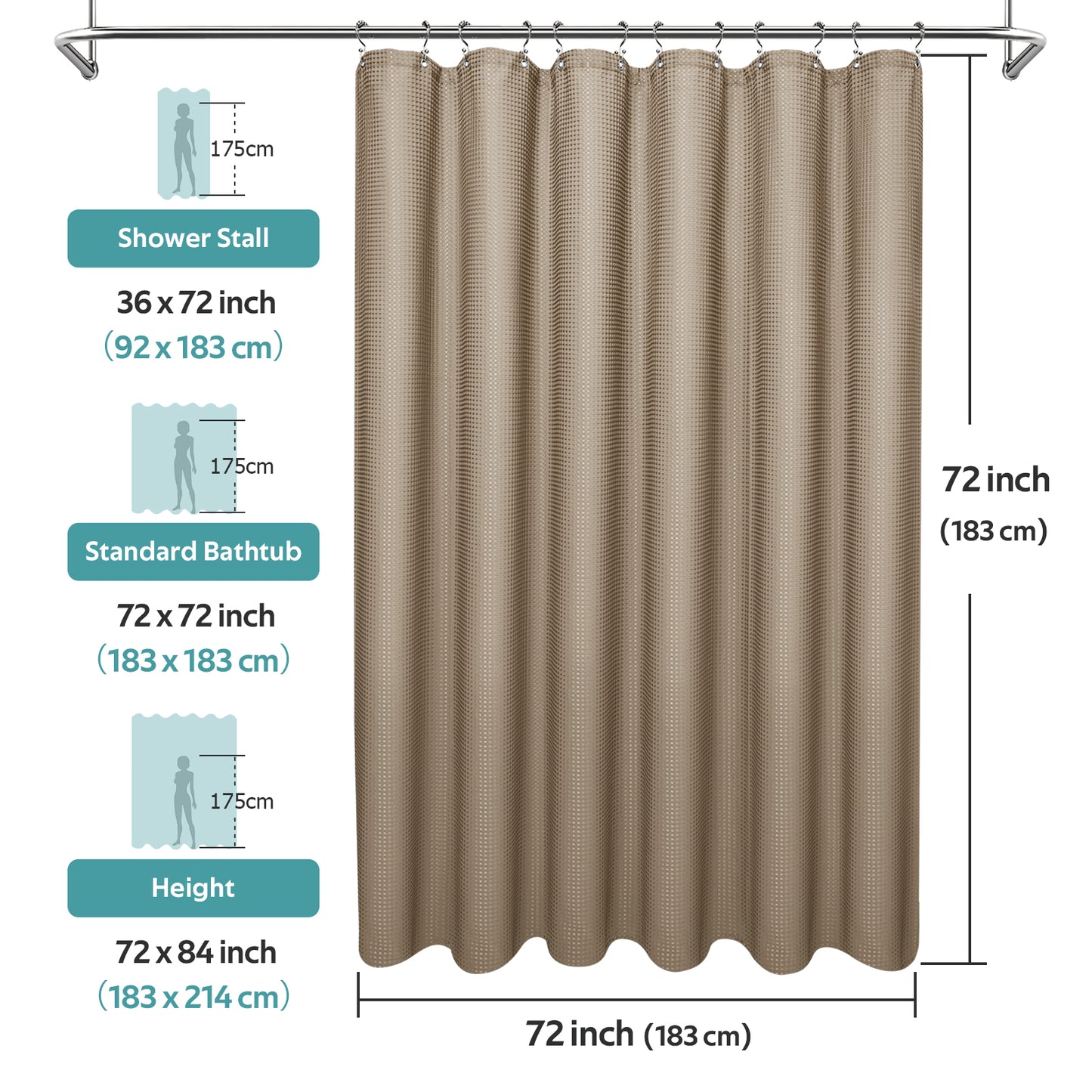 Cocosity Waffle Textured Heavy Duty Shower Curtains with PEVA Clear Shower Liner & Hooks - Brown 84"x72"