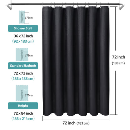 Cocosity Waffle Textured Heavy Duty Shower Curtains with PEVA Clear Shower Liner & Hooks - Black 72"x72"