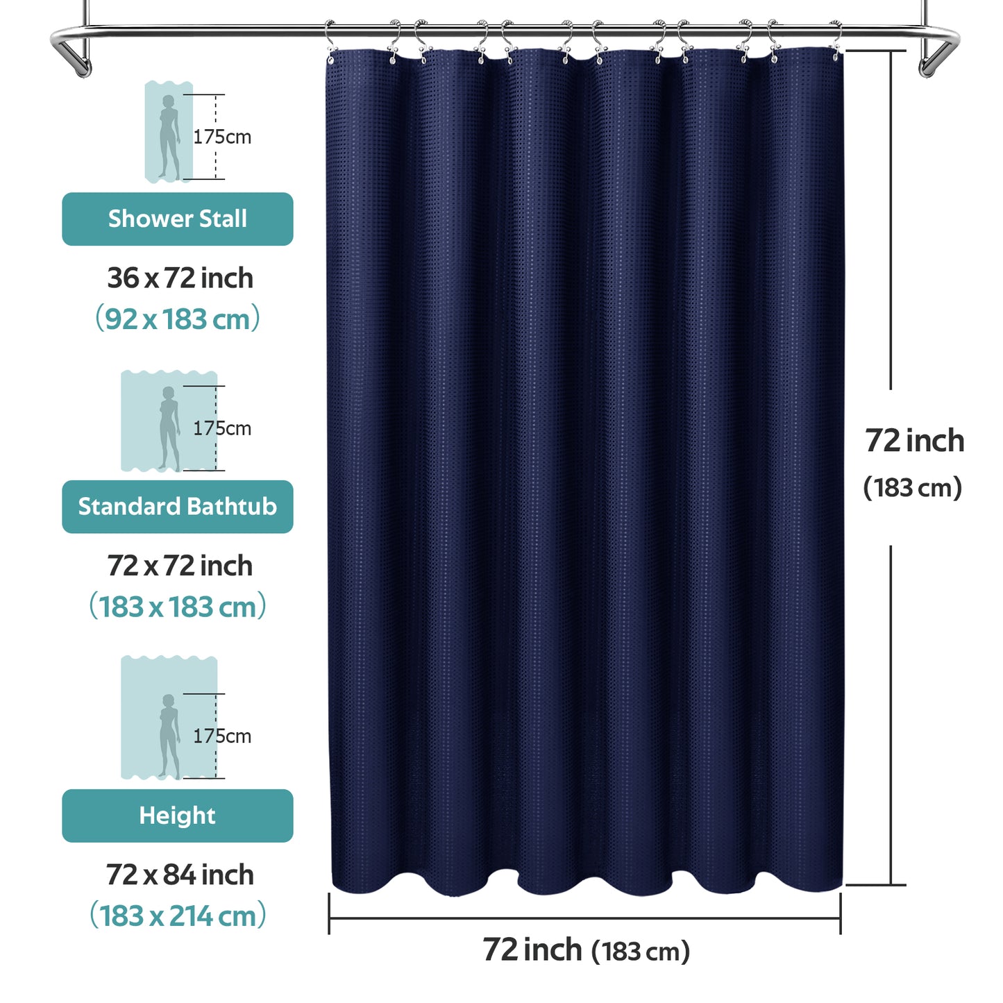 Cocosity Waffle Textured Heavy Duty Shower Curtains with PEVA Clear Shower Liner & Hooks - Blue 84"x72"