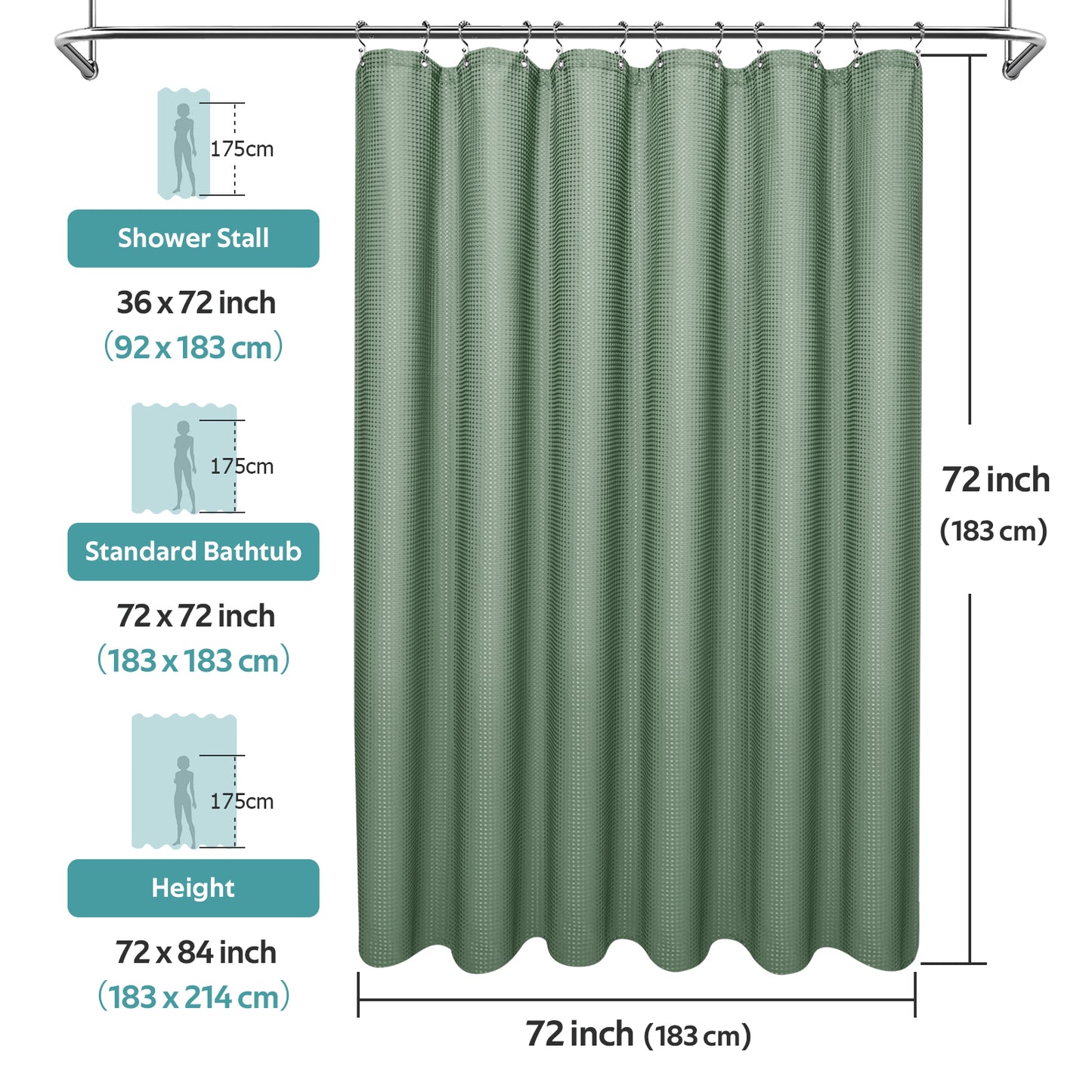 Cocosity Waffle Textured Heavy Duty Shower Curtains with PEVA Clear Shower Liner & Hooks - Green 72"x72"