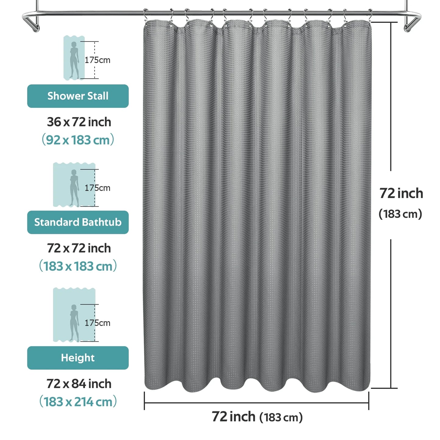 Cocosity Waffle Textured Heavy Duty Shower Curtains with PEVA Clear Shower Liner & Hooks - Gray 84"x72"