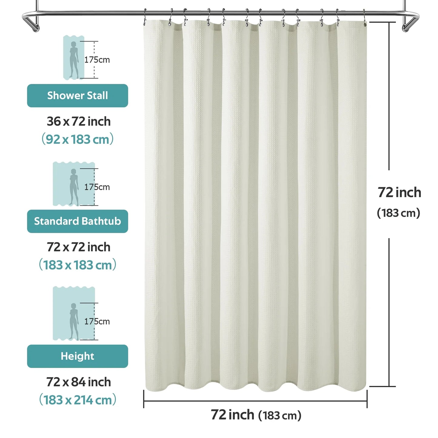 Cocosity Waffle Textured Heavy Duty Shower Curtains with PEVA Clear Shower Liner & Hooks - Beige 84"x72"