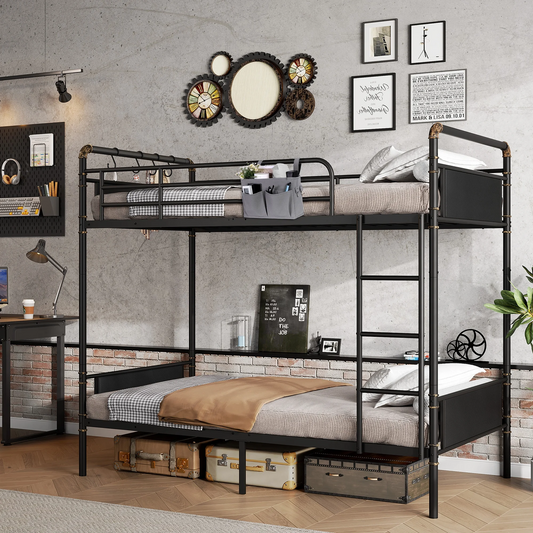 Metal Twin Over Twin Bunk Bed with Storage Bag, Convertible Twin Bunk Beds Into 2 Individual Twin Bed, Black Brown+one 3 inch topper