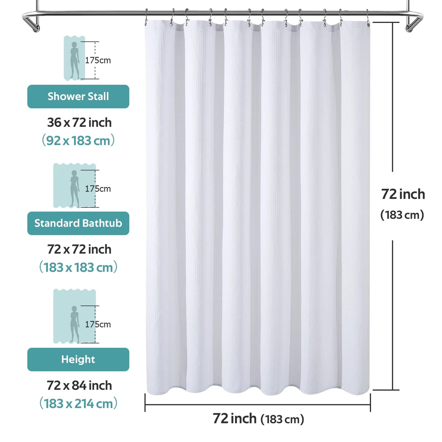 Cocosity Waffle Textured Heavy Duty Shower Curtains with PEVA Clear Shower Liner & Hooks - White 84"x72"