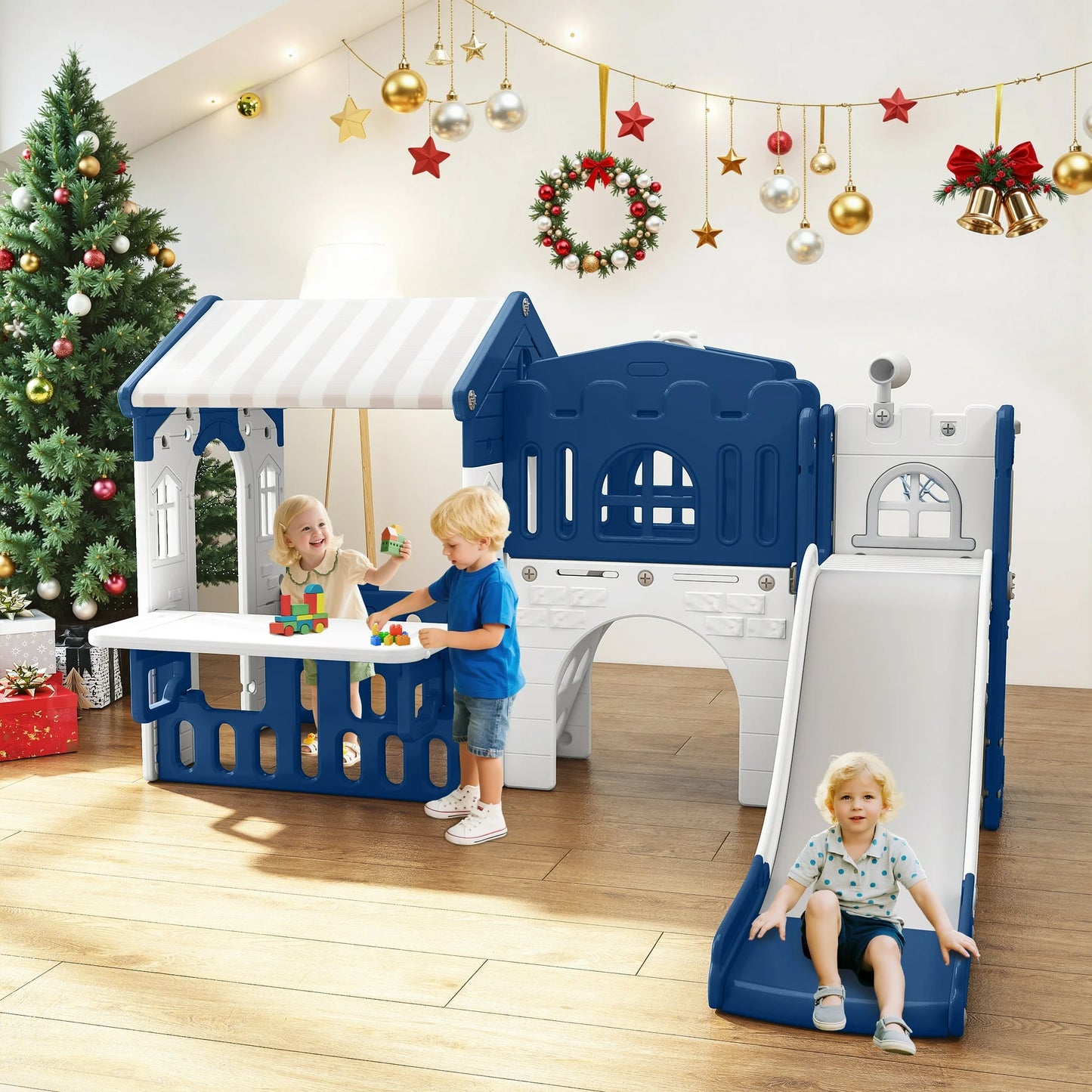 9 in 1 Indoor Infant Toddler Playground Slides Playset for Backyard Home, Blue & Gray