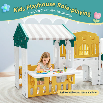 9 in 1 Indoor Infant Toddler Playground Slides Playset for Backyard Home, Yellow & Green