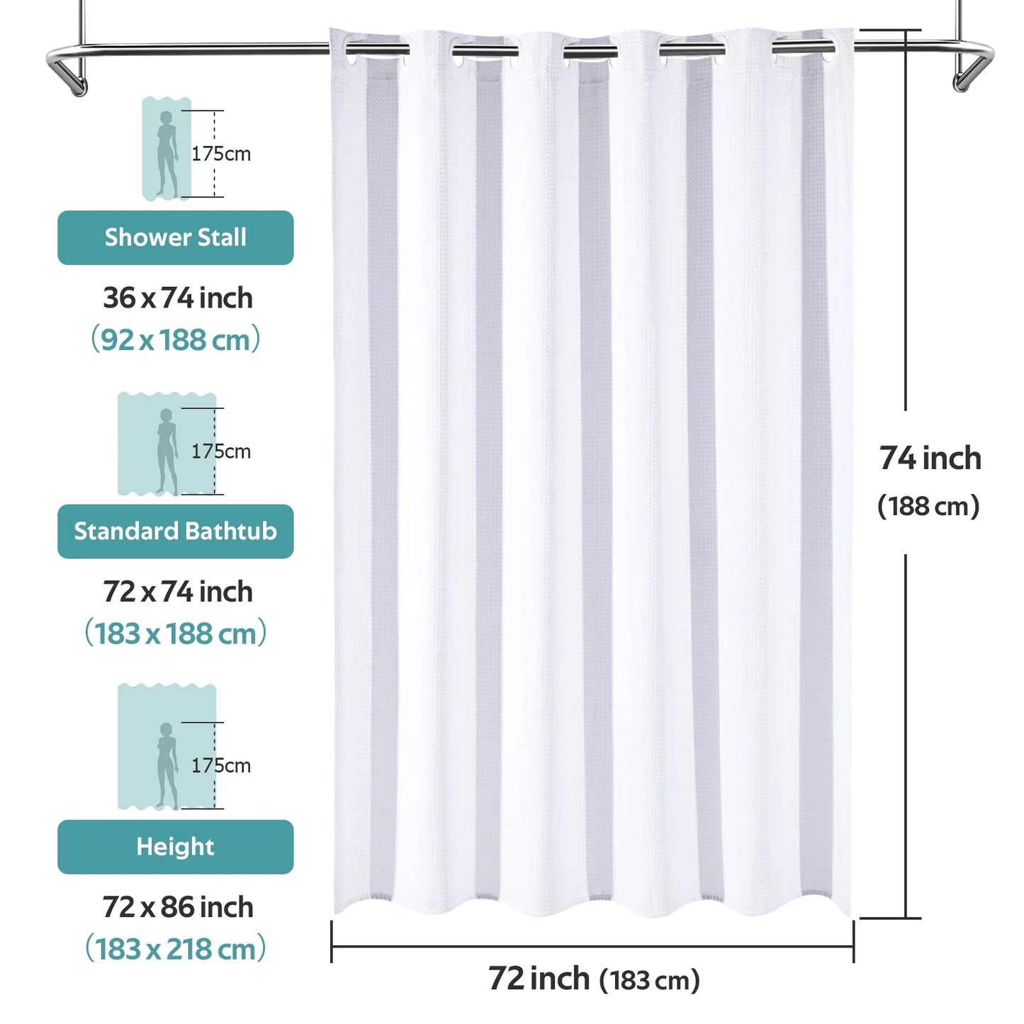 Cocosity Hookless Waffle Weave Waterproof Shower Curtain, 74" x 72", White