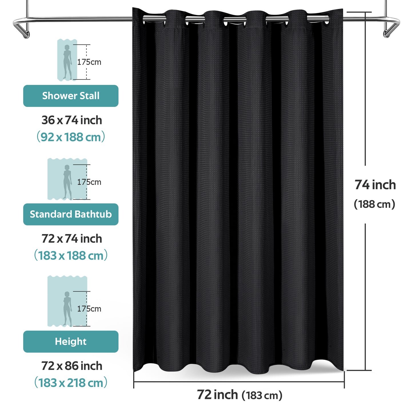 Cocosity Hookless Waffle Weave Waterproof Shower Curtain, 74" x 72", Black