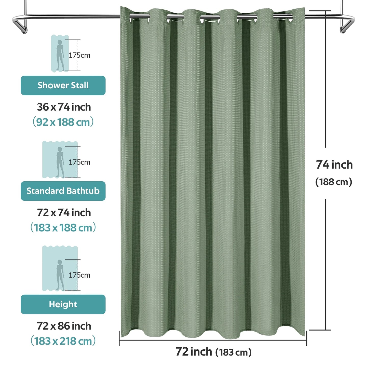 Cocosity Hookless Waffle Weave Waterproof Shower Curtain, 74" x 72", Green