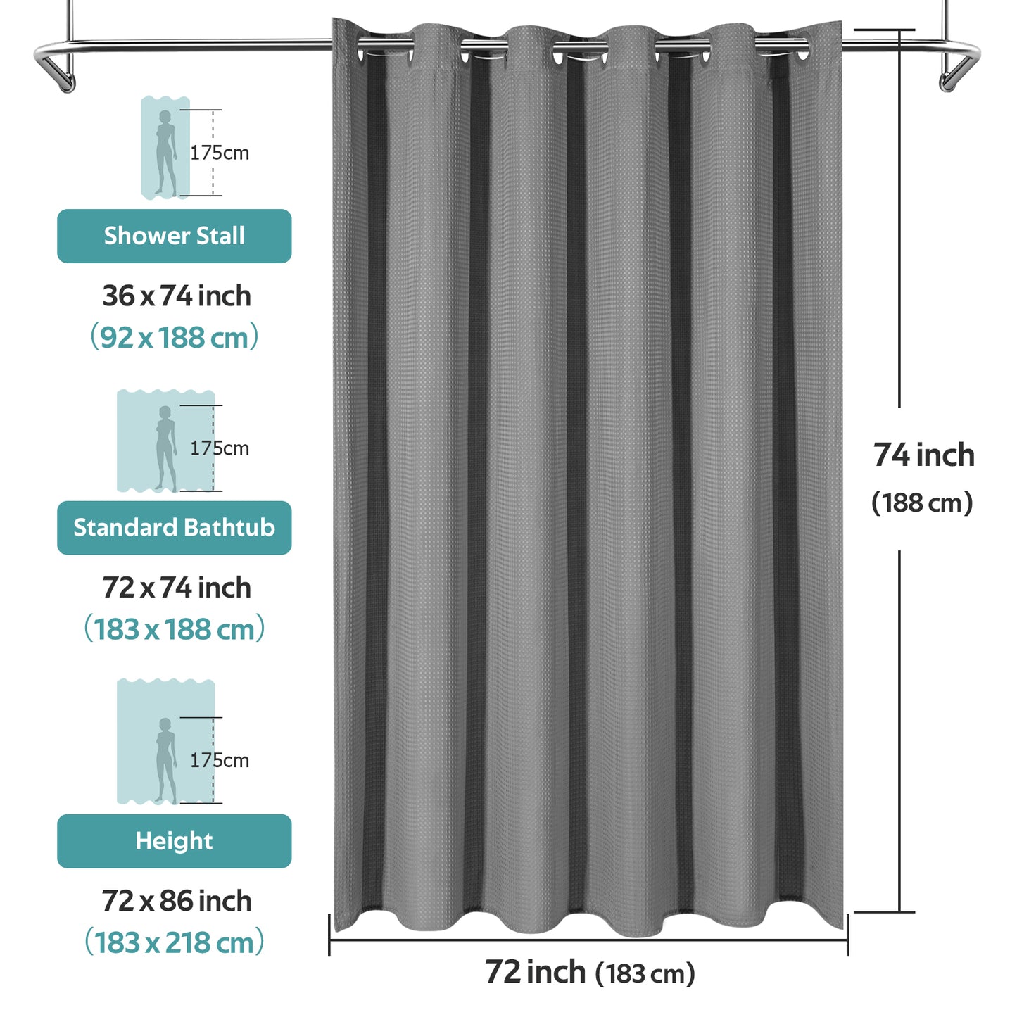 Cocosity Hookless Waffle Weave Waterproof Shower Curtain, 74" x 72", Gray