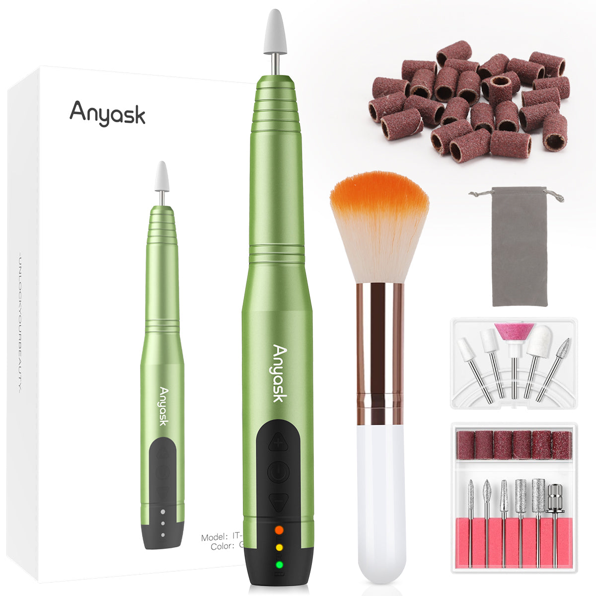 Anyask Portable Electric Nail Drill,Kit for Acrylic, Gel Nails, Manicure Pedicure Polishing Shape Tools Design for Home Salon Use,Light Green