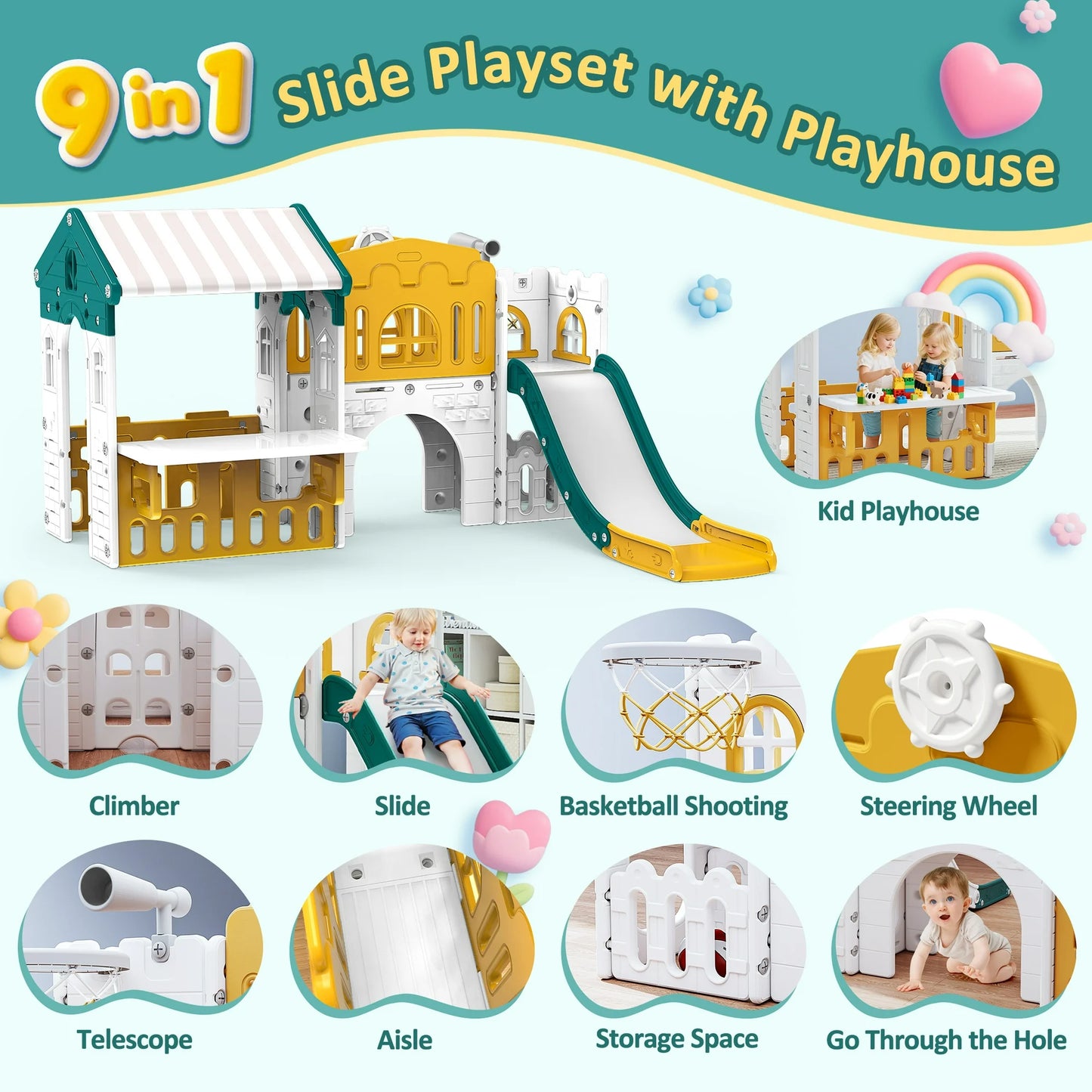 9 in 1 Indoor Infant Toddler Playground Slides Playset for Backyard Home, Yellow & Green
