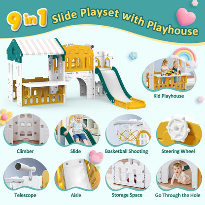 9 in 1 Indoor Infant Toddler Playground Slides Playset for Backyard Home, Yellow & Green