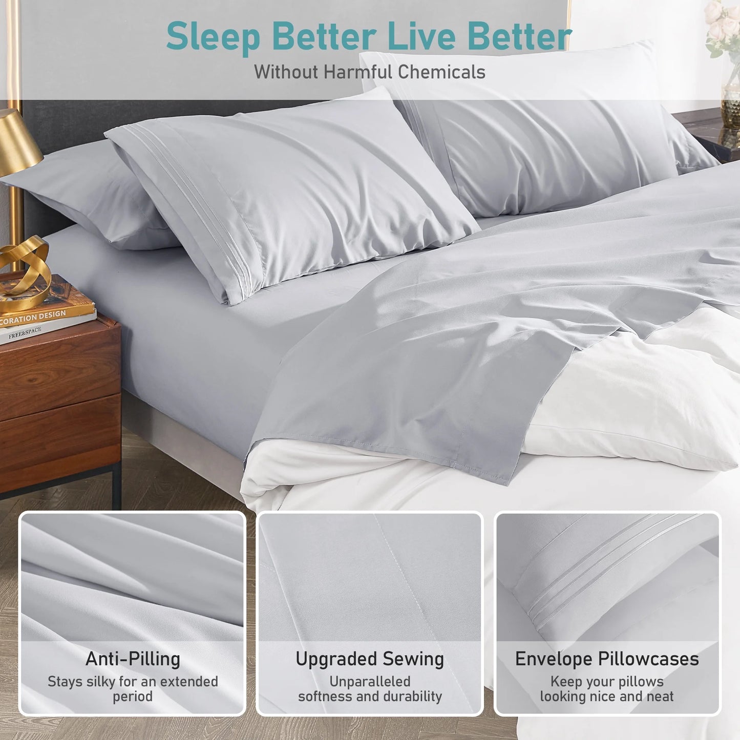 Polyester Microfiber 4 Piece Bed Sheets Set for Hotel Home Apartment School Bedding, Light Gray Twin Size Bedding