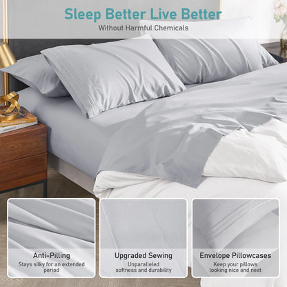 Polyester Microfiber 4 Piece Bed Sheets Set for Hotel Home Apartment School Bedding, Light Gray Twin Size Bedding