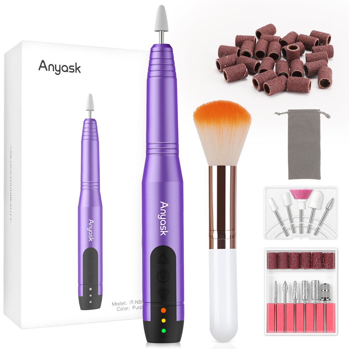 Anyask Portable Electric Nail Drill,Kit for Acrylic, Gel Nails, Manicure Pedicure Polishing Shape Tools Design for Home Salon Use,Light Purple