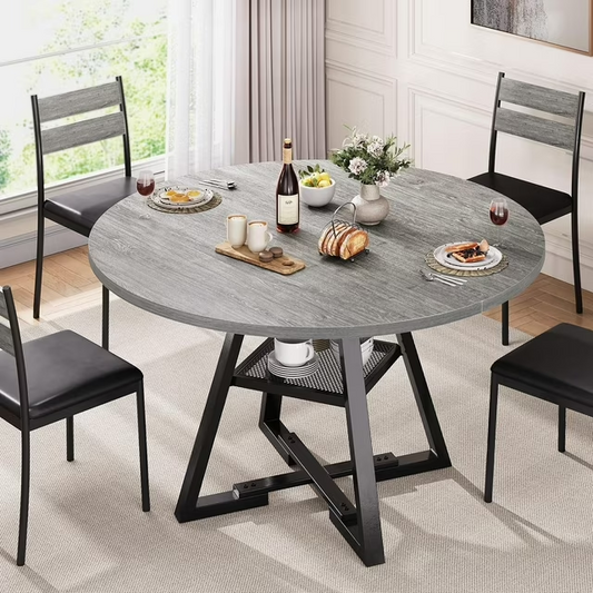 47 inch Wood Kitchen Table for 4, Round Dining Table with Storage Shelf for Home Dining Room Living Room Grey