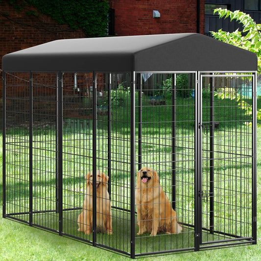 Universal Heavy Duty Large Metal Dog Kennel Playpen with Sun/Rain Proof Top for Dog Cat Duck Chicken Outdoor Excerise (8'L x 4'W x 6'H)