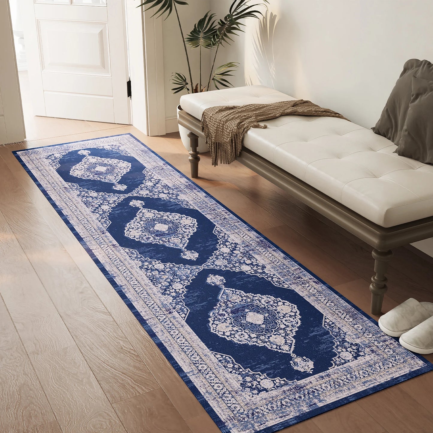 2'x6' Polyester Beige Runner Rug,Vintage Non-Slip Washable Floral Area Rugs for Hallway Kitchen Entryway