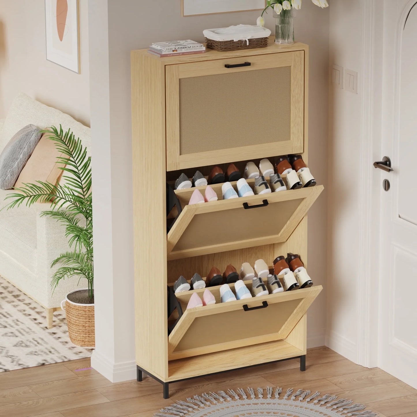 Rattan Shoe Cabinets with 2 Flip Doors & 1 Storage Drawer for Entryway Hallway Living Room