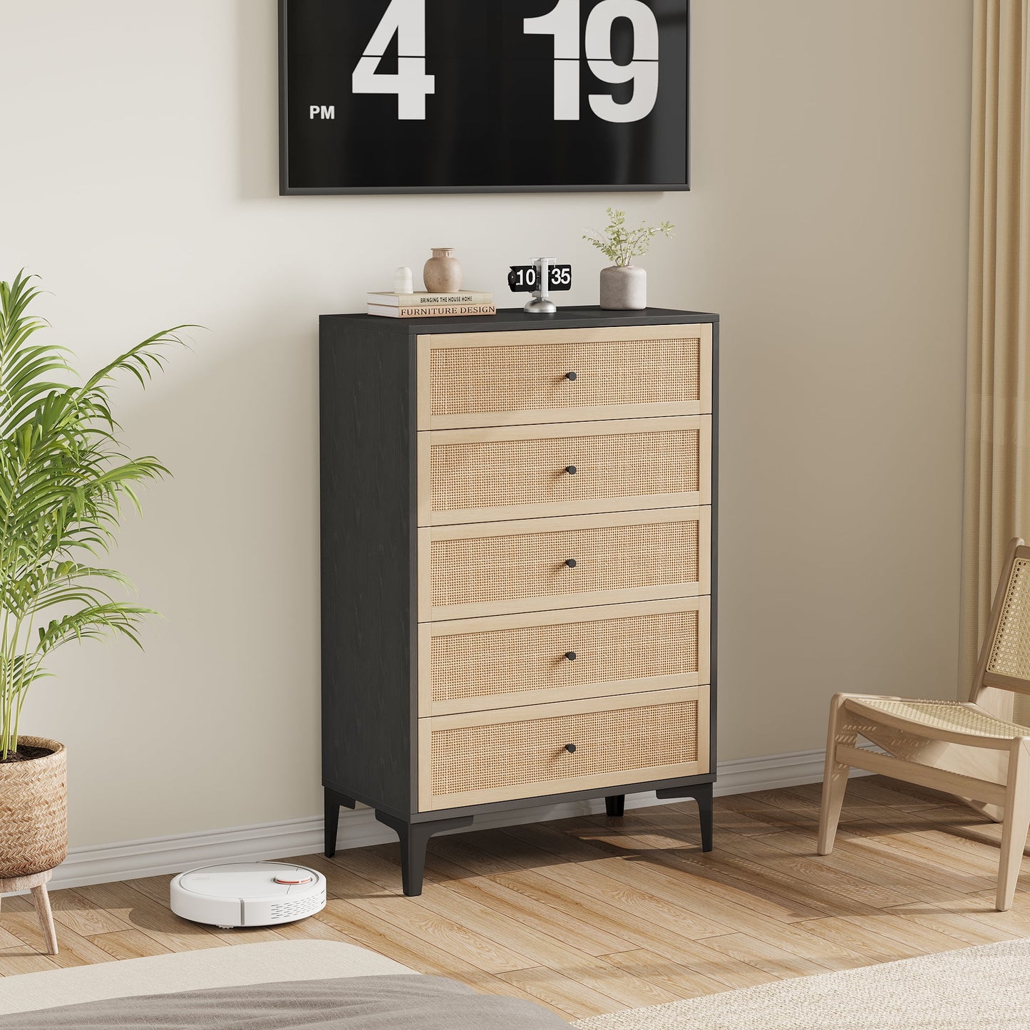 5-Drawer Natural Rattan Dresser with Sturdy Steel Legs Storage Cabinet, Suitable for Living Rooms, Hallways, and Bedrooms, Black
