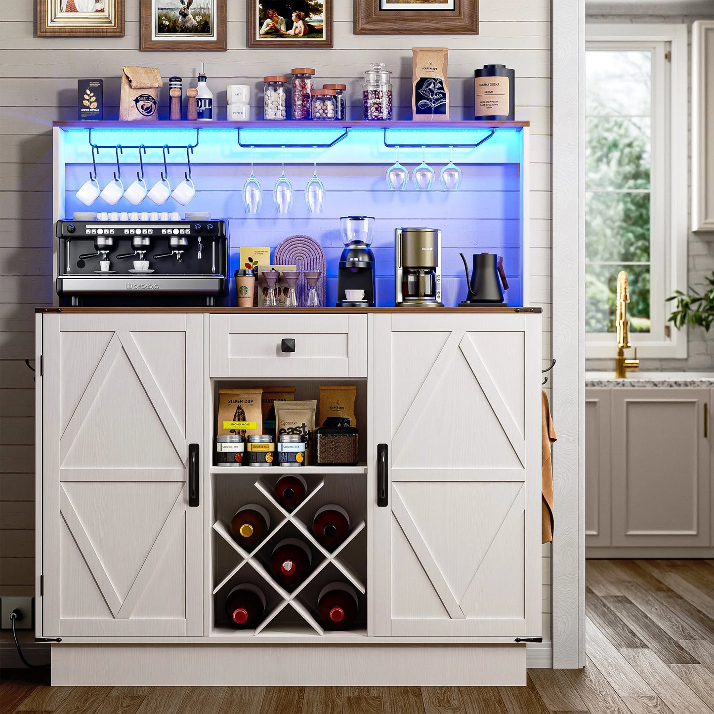 55“ Bar Cabinets Large LED Buffet Cabinet with Storage & Wine Rock