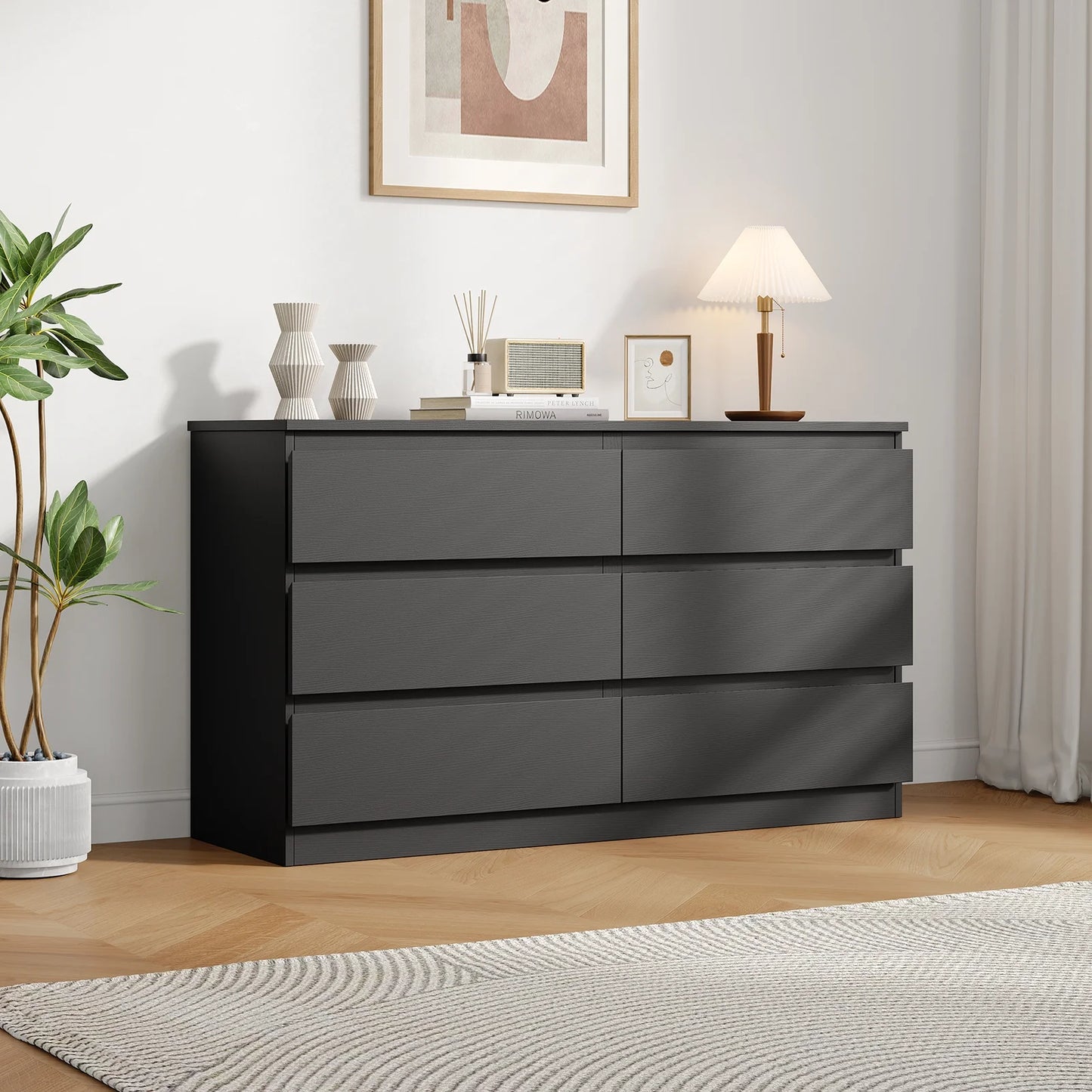 6 Drawer Black Bedroom Dresser, 29 Inch Modern Wooden Storage Cabinet for Living Room, Bedroom, Kitchen