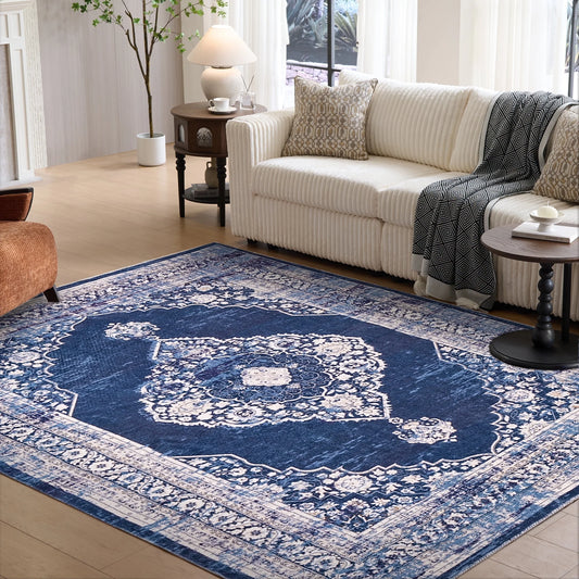 6'x9' Polyester Beige Area Rugs,Vintage Non-Slip Washable Floral Area Rugs for Living Room Bedroom Dinning Room