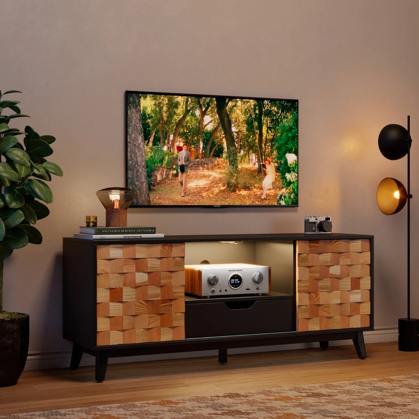 Cocosity 75 Inch TV Stand with Storage Cabinet and Open Shelves Brown
