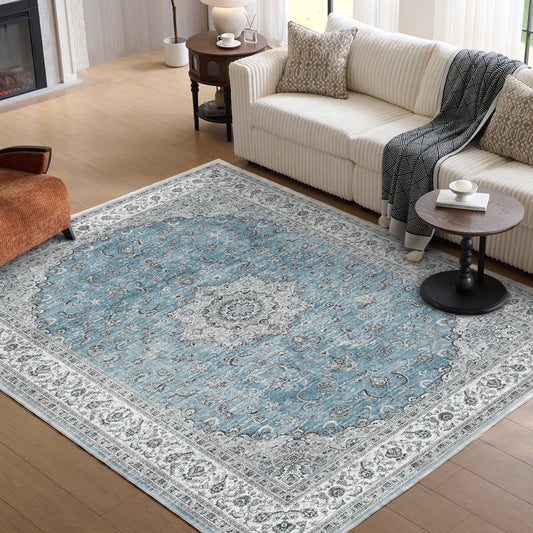 8'x10' Boho Floral Vintage Area Rug Washable & Non-Slip for Dining Room Living Room Bedroom Blue & White