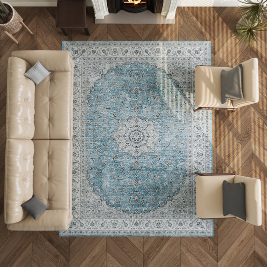 8'x10' Washable Area Rug Low-Pile Soft Rug for Living Room Home Decor Traditional Carpet, Blue