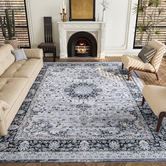 8'x10' Low Profile Pile Rubber Backing Indoor Area Rugs for Dining Room Bedroom Office, Gray