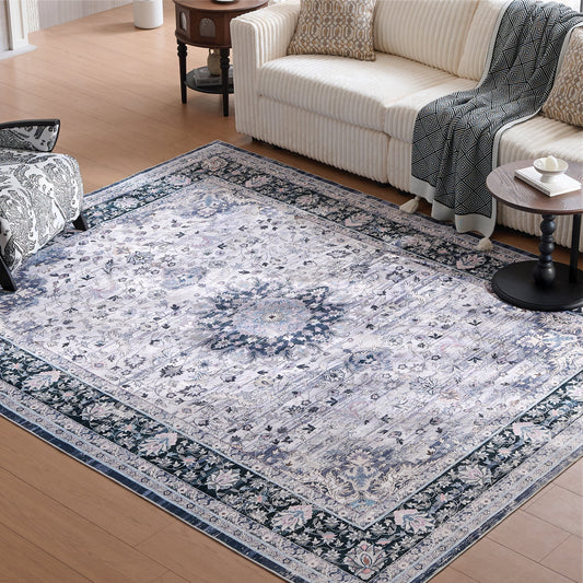 8'x10' Boho Floral Vintage Area Rug Washable & Non-Slip for Home Office Gray & White