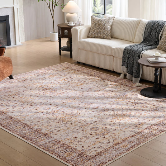 8'x10' Vintage Floral Area Rugs Washable Non Slip for Living Room Bedroom Kitchen Beige & Yellow