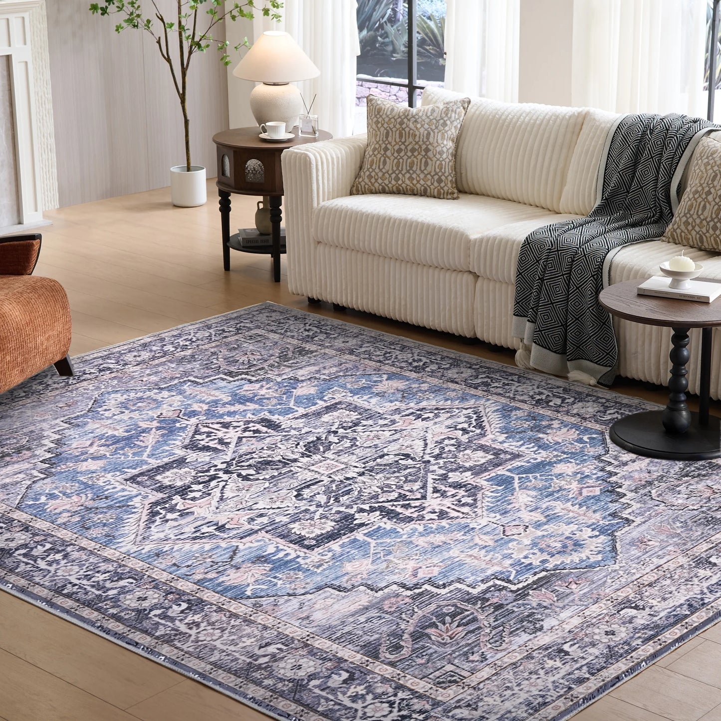 9'x12' Modern Vintage Medallion Traditional Indoor Area Rug for Living Room Home Office, Grey/Navy