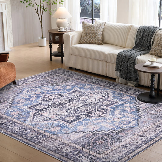 9'x12' Modern Vintage Medallion Traditional Indoor Area Rug for Living Room Home Office, Grey/Navy