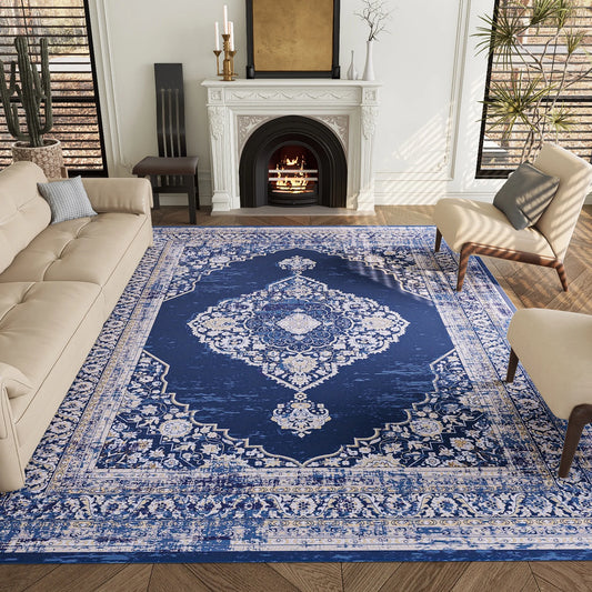 9'x12' Polyester Beige Area Rugs,Vintage Non-Slip Washable Floral Area Rugs for Living Room Dining Room