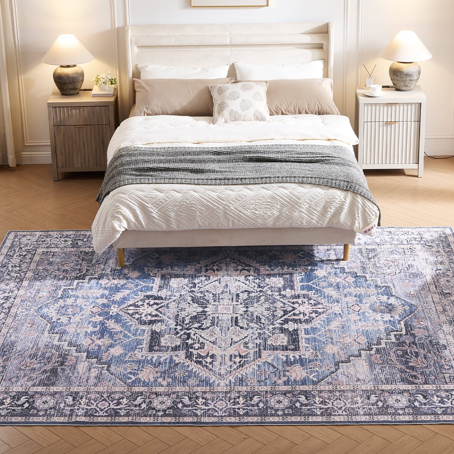9'x12' Washable Area Rug Low-Pile Soft Rug for Dining Room Home Decor Traditional Carpet, Blue