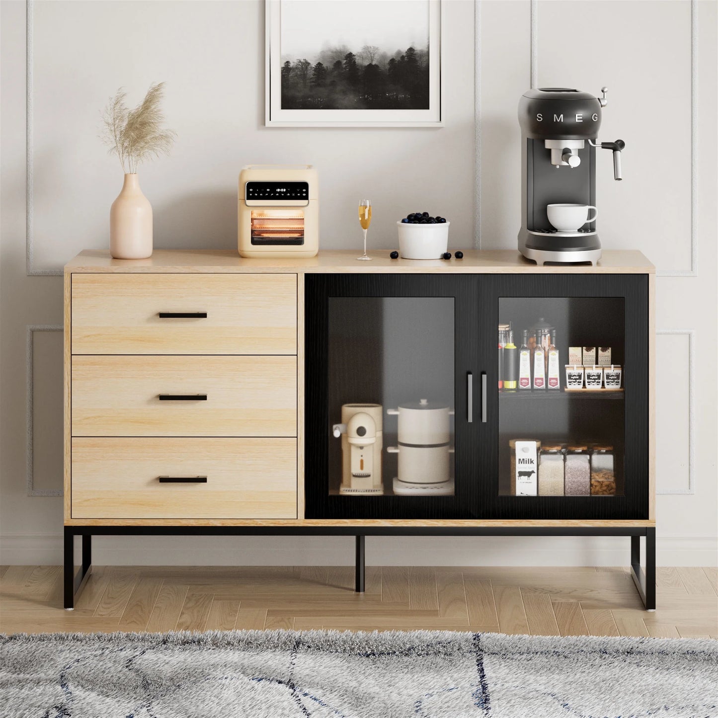 Buffet Sideboard Cabinet with 2 Doors and 3 Drawers for Living Room, Kitchen, Dining Room, Natural Wood Color