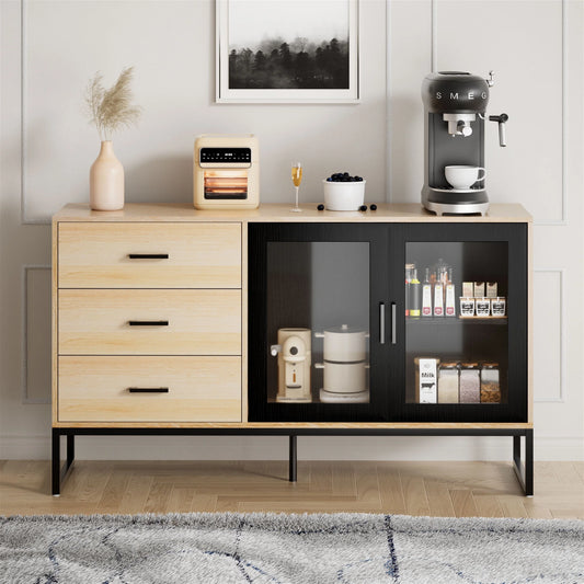 Buffet Sideboard Cabinet with 2 Doors and 3 Drawers for Living Room, Kitchen, Dining Room, Natural Wood Color
