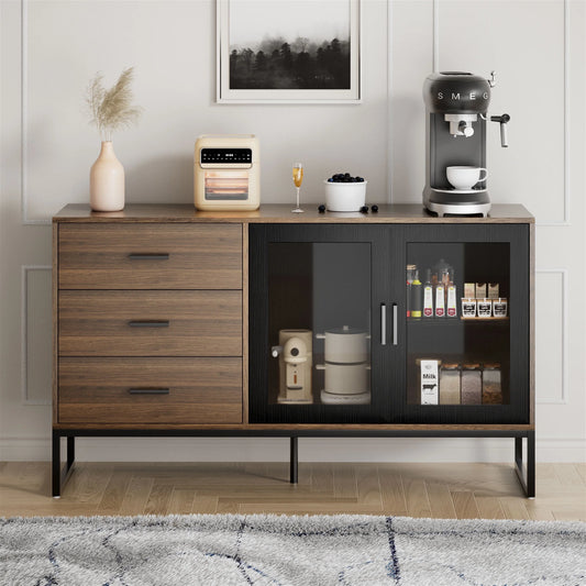 Buffet Sideboard Cabinet with 2 Doors and 3 Drawers for Living Room, Kitchen, Dining Room, Walnut Brown