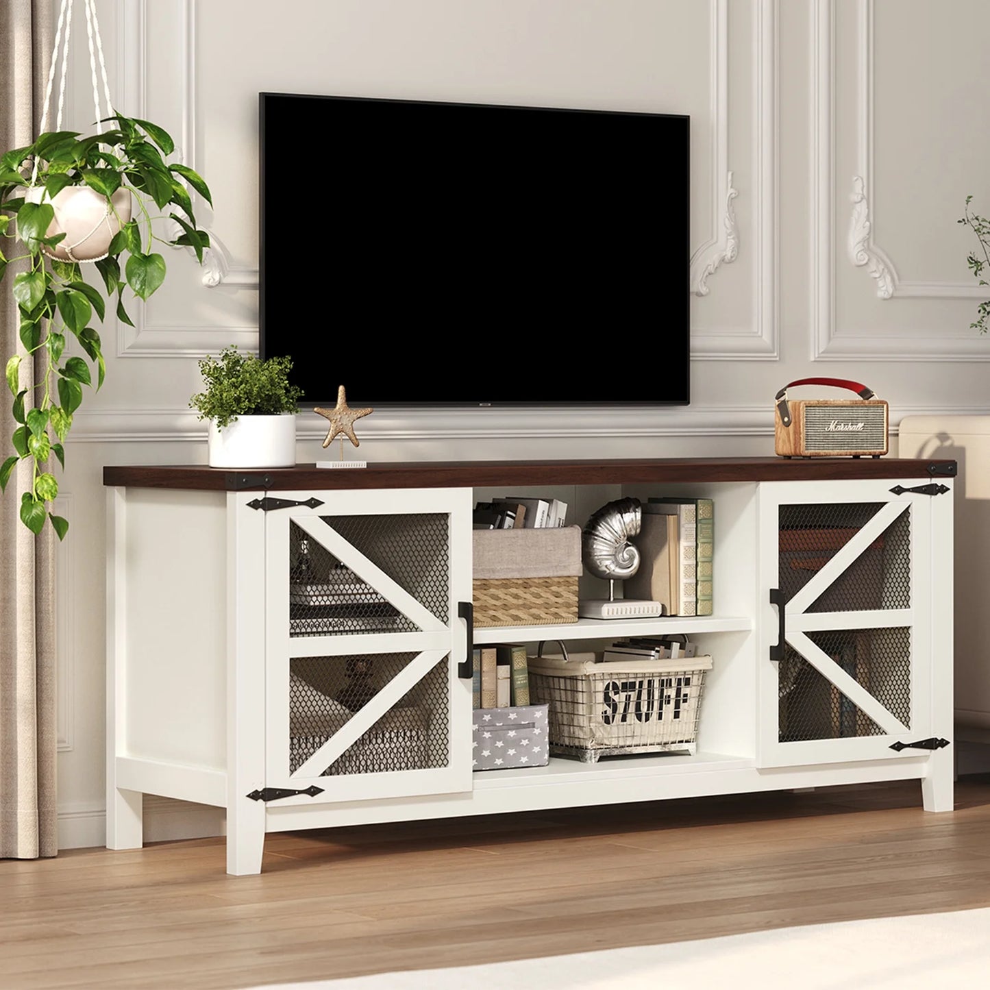 Farmhouse TV Stand for TV up 65", Entertainment Center with RGB  LED Lights