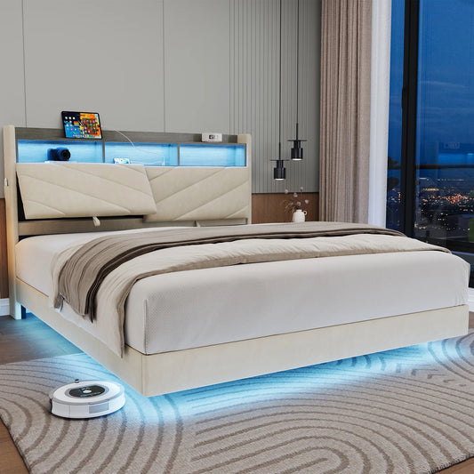 Floating LED Upholstered Platform Full Size Bed Frame with Ergonomic & Adjustable Storage Headboard, Beige