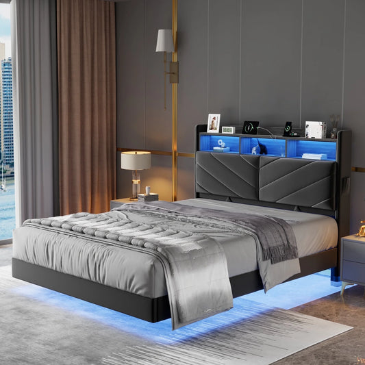 Floating Upholstered Bed Frame Full Size with Ergonomic & Adjustable Storage Headboard, Gray