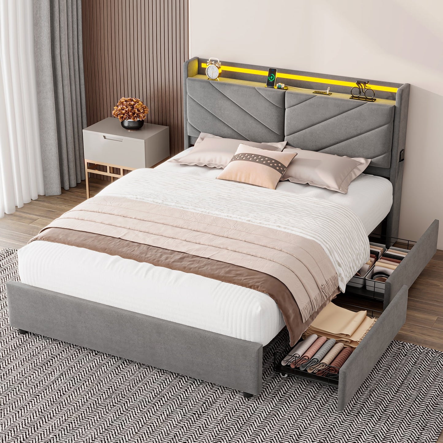 Full Size Upholstered Bed Frame with 4 Storage Drawers and Ergonomic & Adjustable Storage Bookcase Headboard Gray